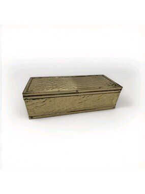 Vintage England Embossed Wood and Brass Covered Hinged Trinket Box 12x5x3 5/8”